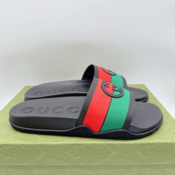 Gucci Agrado Interlocking G Logo Rubber Slide Sandals Black Mens UK 10 US 10.5 - Picture 8 of 16